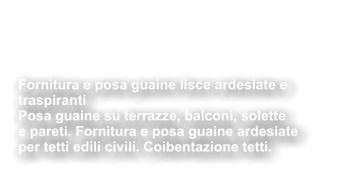 Impermeabilizzazioni  Coibentazioni Fornitura e posa guaine lisce ardesiate e  traspiranti  Posa guaine su terrazze, balconi, solette  e pareti. Fornitura e posa guaine ardesiate  per tetti edili civili. Coibentazione tetti.